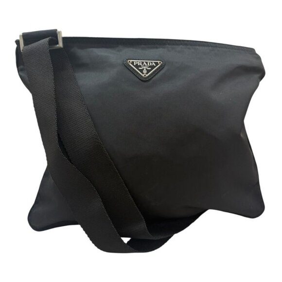 Prada Handbags - Prada Tessuto Triangle Logo Black Silver Nylon Shoulder Bag